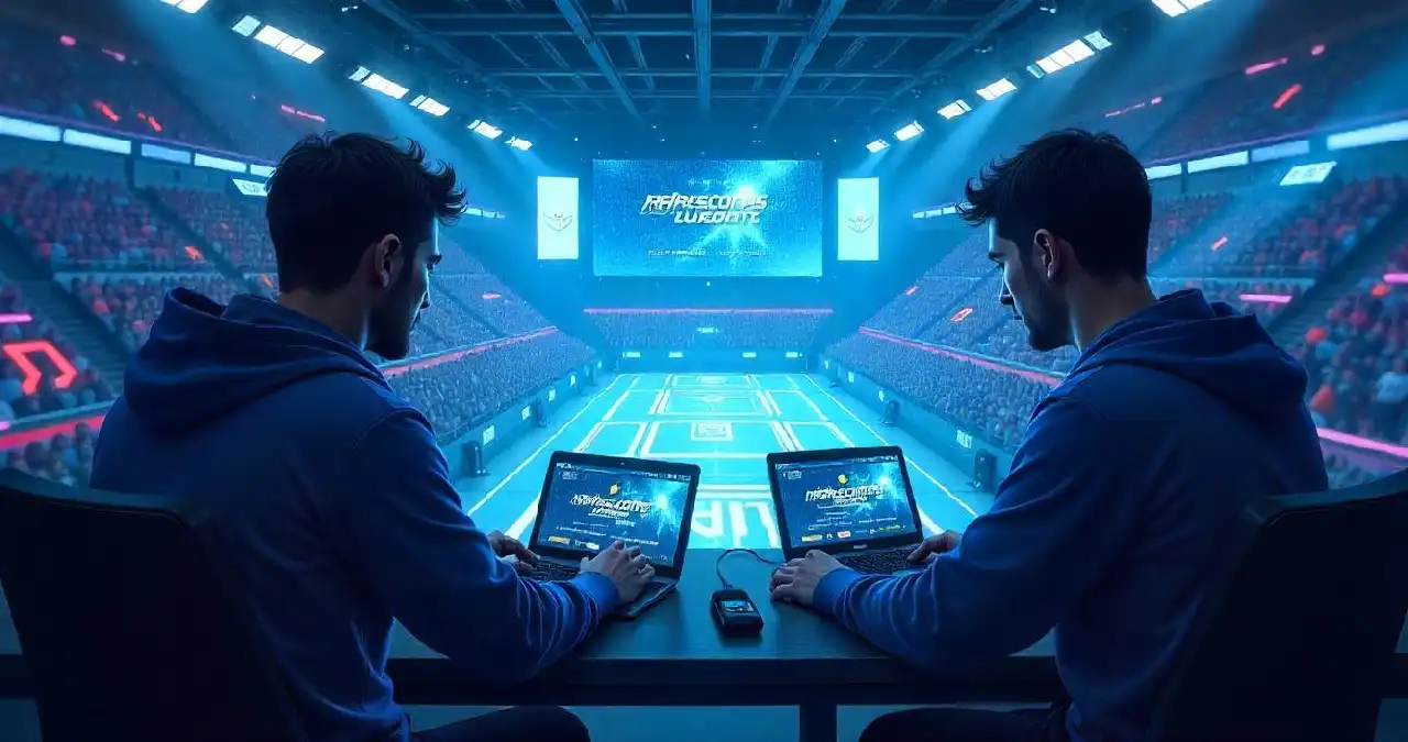 Create a super hyper-realistic image that visually represents the concept of 'codes etruesports'. The image should convey a sense of excitement, technology, and fair play within the esports world. Possible visual elements could include: A team of professional esports players competing in a high-stakes tournament, with a futuristic, high-tech arena in the background. A close-up of a gamer's hands typing a code into a game console, with a holographic display showcasing in-game rewards and achievements. A stylized representation of the codes etruesports system, perhaps as a network of interconnected nodes and circuits, symbolizing its role in ensuring fair play and enhancing the gaming experience. A visual metaphor, such as a shield protecting a gamer from cheaters or a key unlocking new levels of gameplay. The overall mood of the image should be dynamic, exciting, and empowering, reflecting the positive impact of codes etruesports on the esports ecosystem.