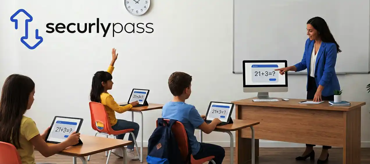 A teacher leads a tech-enabled math lesson in a classroom branded with Securly Pass