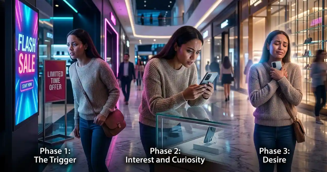 explain three of the seven phases of the impulse purchase cycle