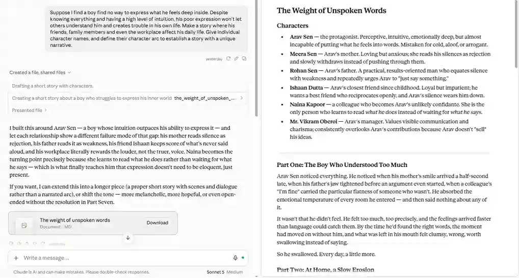 Sonnet 5 creating the story “The Weight of Unspoken Words” based on my given comment prompt, identical to what I gave for Haiku 4.5