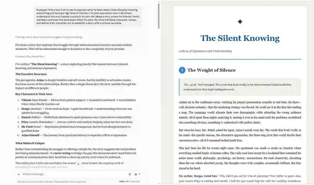 Haiku 4.5 generates the story “The Silent Knowing” based on my given comment prompt, identical to what I gave for Sonnet 5