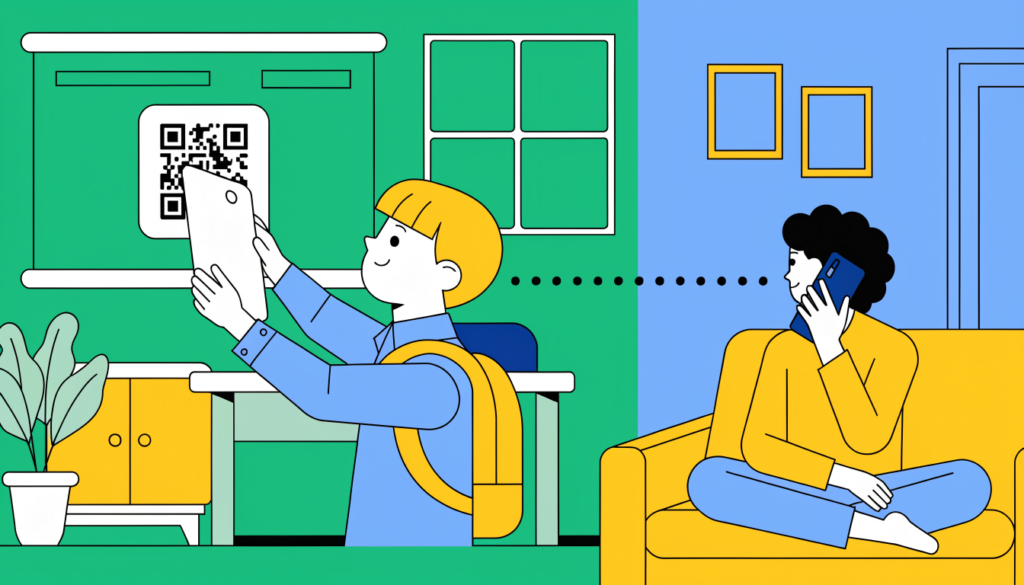 Young student scanning a classroom QR code on a tablet while a parent connects by phone