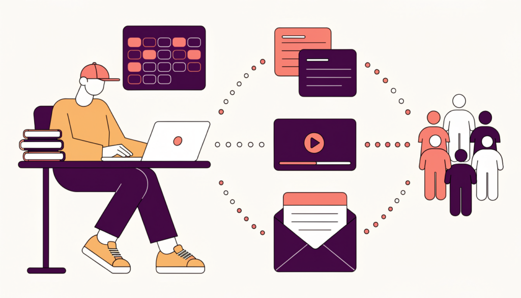 Content creator with a content calendar sending articles, video and a newsletter out to readers