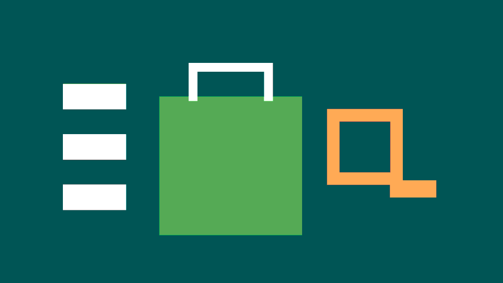 Shopping bag beside a search frame and product cards, illustrating ecommerce SEO