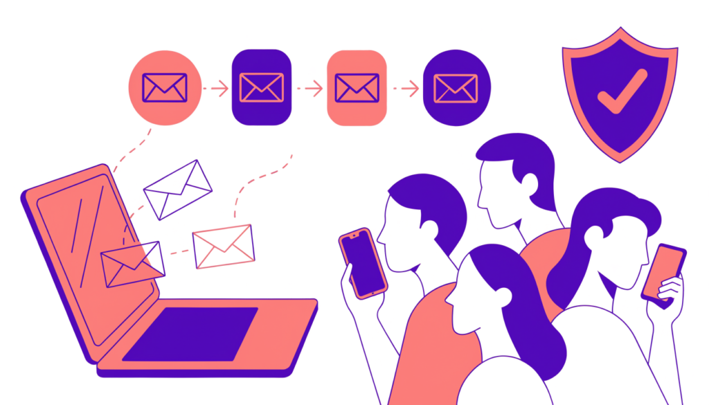 Envelopes flowing from a sign-up form into an inbox, showing a simple email marketing workflow