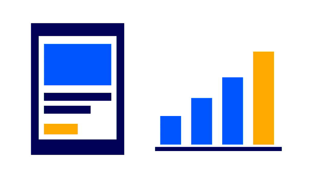 Illustration of a mobile ad card next to a rising bar chart representing Facebook ad results