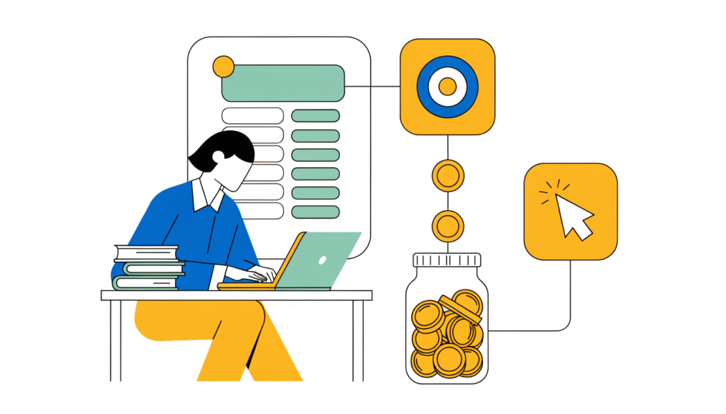 Small business owner setting up a search ad campaign with a budget jar and a search results page