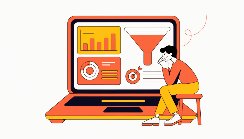Business owner reviewing an analytics dashboard with traffic sources, a funnel and conversion targets
