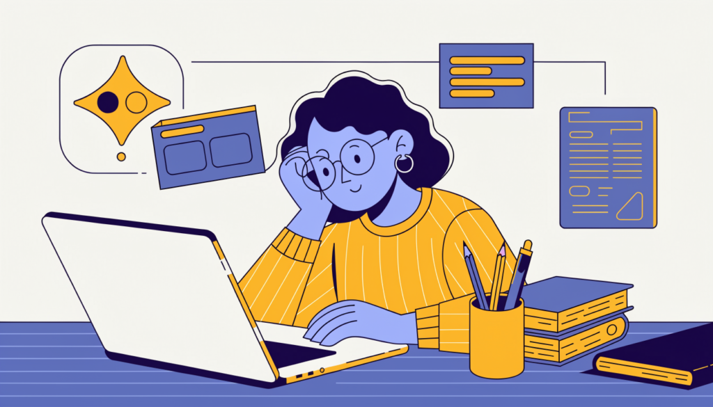 Student at a laptop with an AI assistant icon, flashcards and a practice quiz