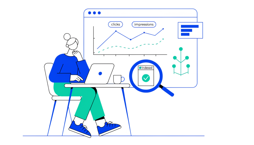 Website owner reviewing a search performance dashboard with clicks, impressions and an indexed page checkmark