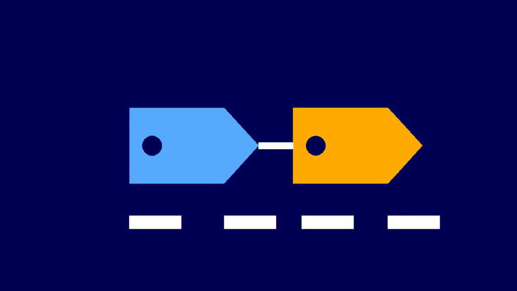Two connected tags in blue and yellow, illustrating Google Tag Manager tags and triggers