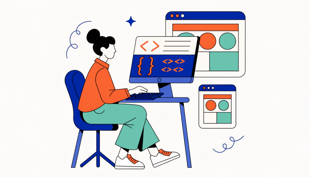 Beginner coder writing HTML and CSS while a simple web page takes shape on desktop and mobile