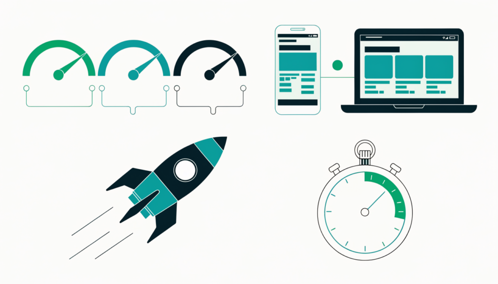 Three performance gauges for loading, responsiveness and stability pointing to green beside a fast website
