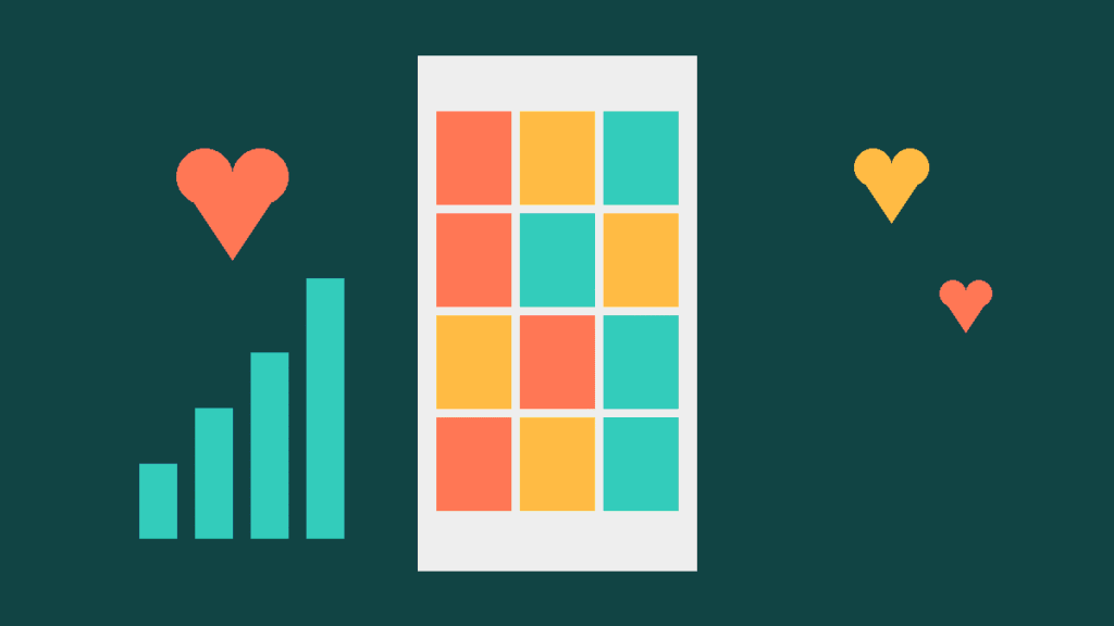 Phone showing a grid of colourful posts with hearts and a growth chart, illustrating Instagram marketing