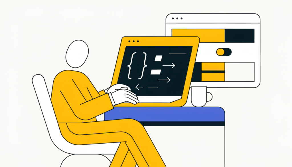 Beginner programmer writing JavaScript while a web page switches between light and dark mode