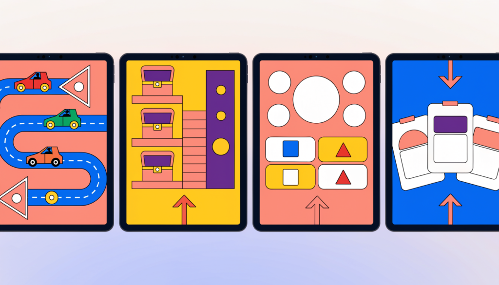 Four tablets showing different classroom quiz games side by side