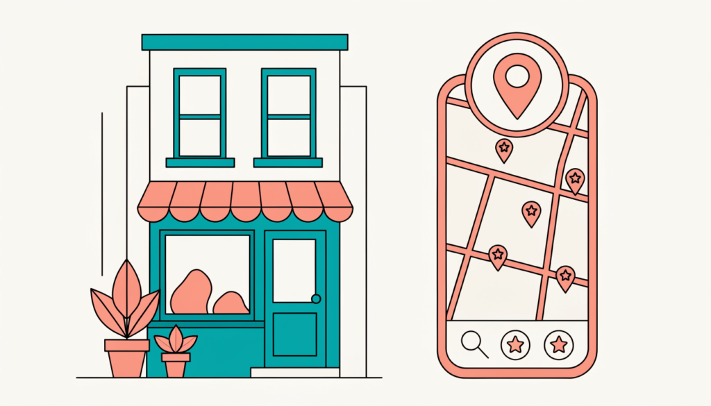 Local shop with a highlighted map pin on a smartphone map, star ratings and a magnifying glass