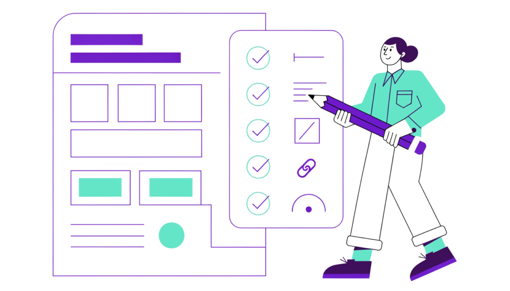 Web page wireframe beside an on-page SEO checklist with title, headings, images, links and speed ticked off