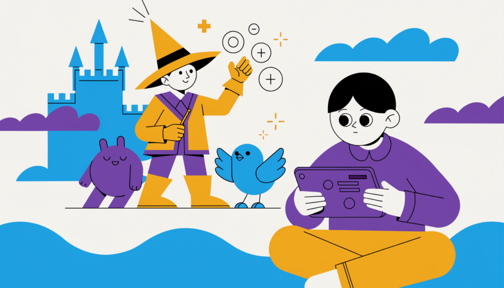 Child playing a fantasy maths adventure game on a tablet with a wizard casting number spells