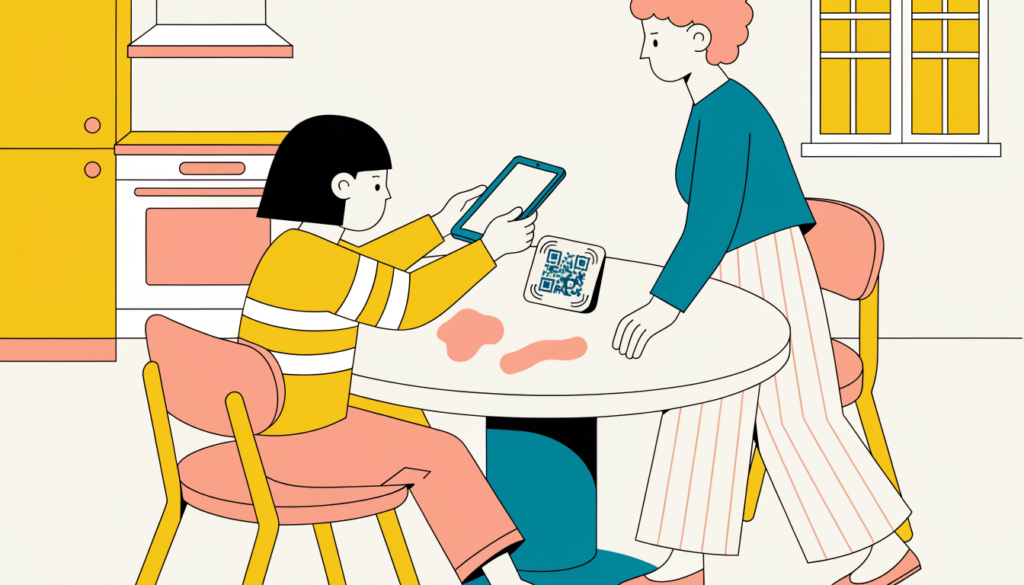 Child scanning a personal QR code with a tablet to open a digital portfolio at home