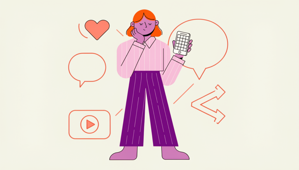 Marketer holding a phone with a content calendar surrounded by like, comment, play and share icons