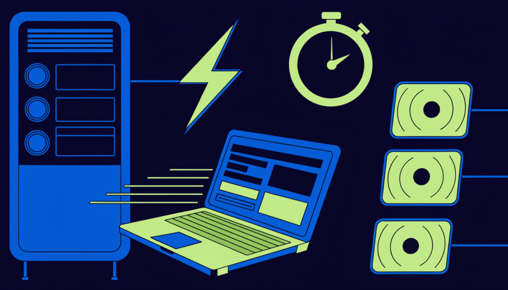 Fast-loading website on a laptop with speed lines, a server, compressed images and a stopwatch