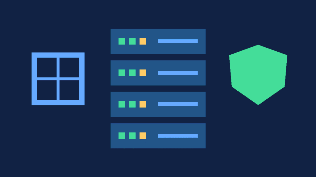 Server rack with status lights beside a globe and a security shield, illustrating web hosting