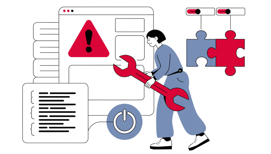 Developer fixing a website error with a warning sign, server, wrench and plugins switched off like puzzle pieces