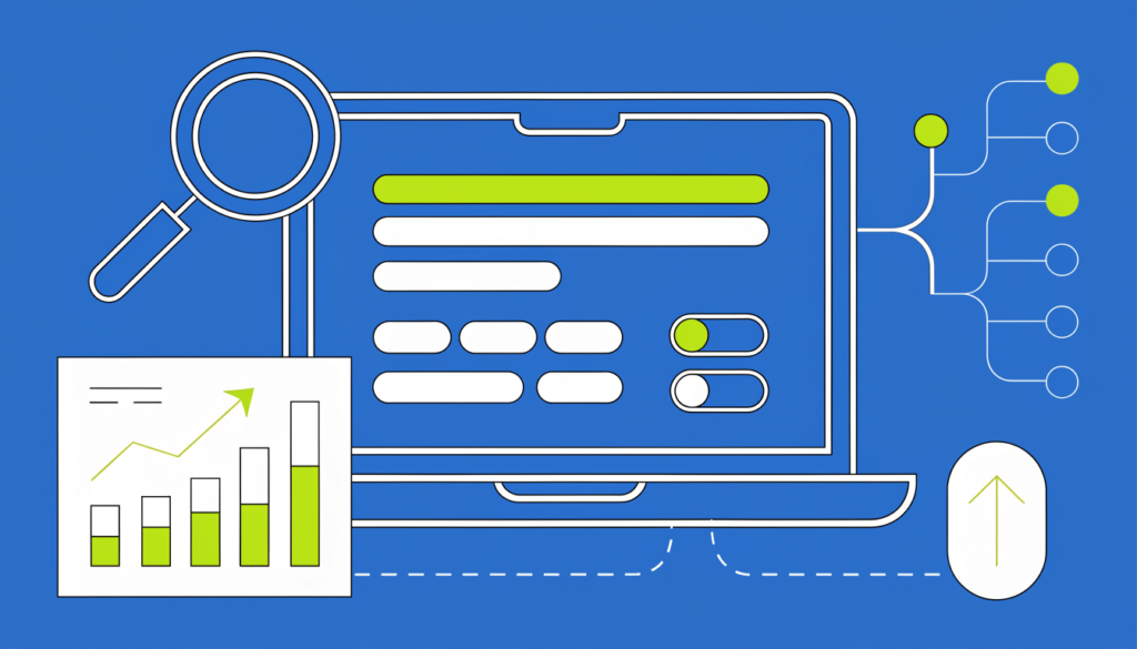 Blog dashboard on a laptop with settings toggles, a sitemap tree and a rising search ranking chart