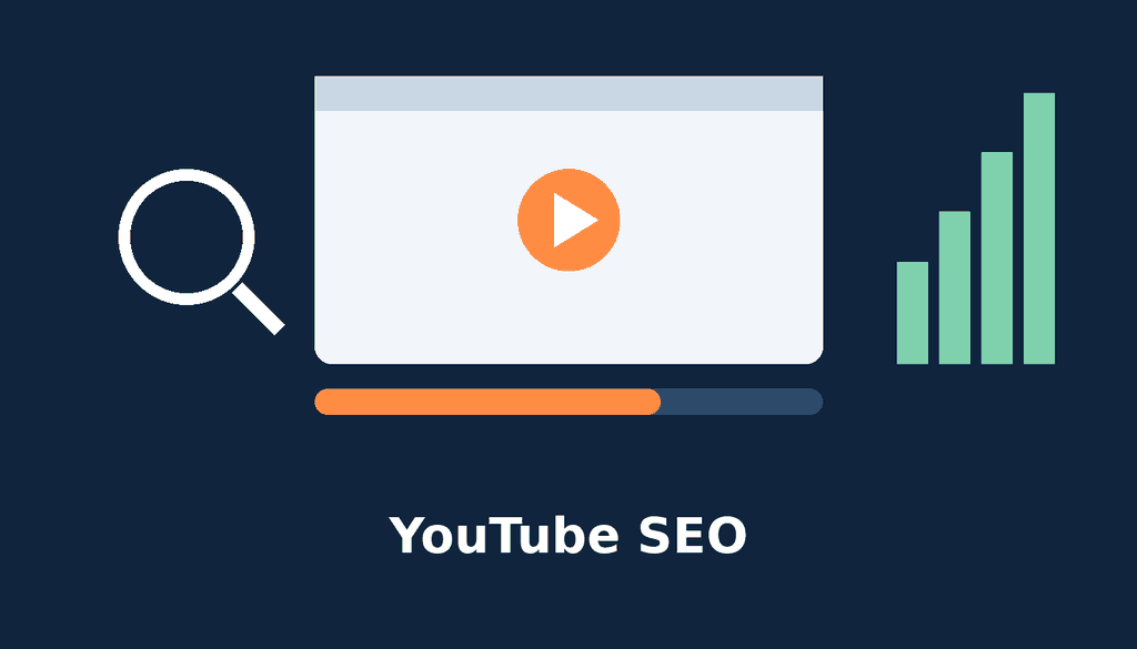 Video player with a play button, a progress bar, a search icon and a rising bar chart